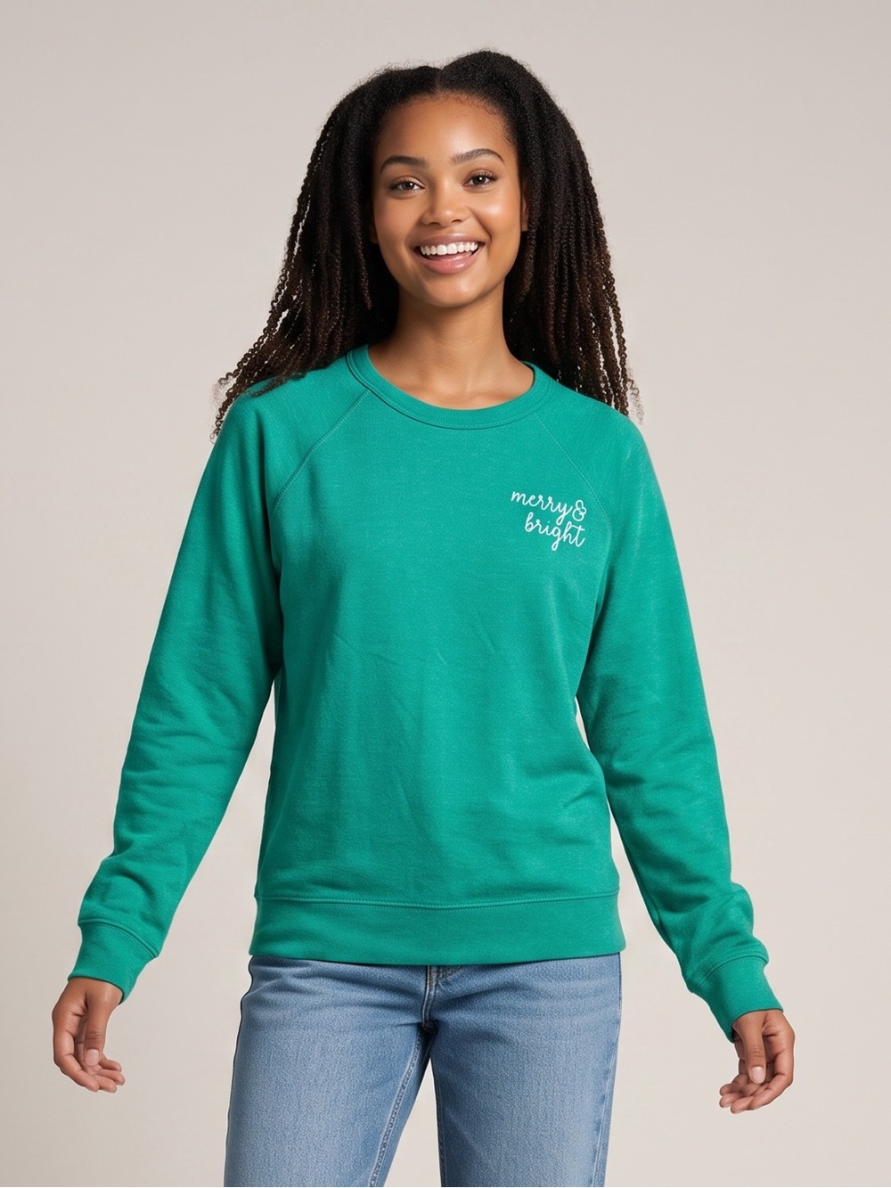 Frank Regards Merry & Bright Embroidered Green Christmas Sweatshirt Holiday